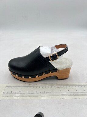 Black Fur Women's Round Toe Platform Mules Block Heel Slingback Comfortable Clog